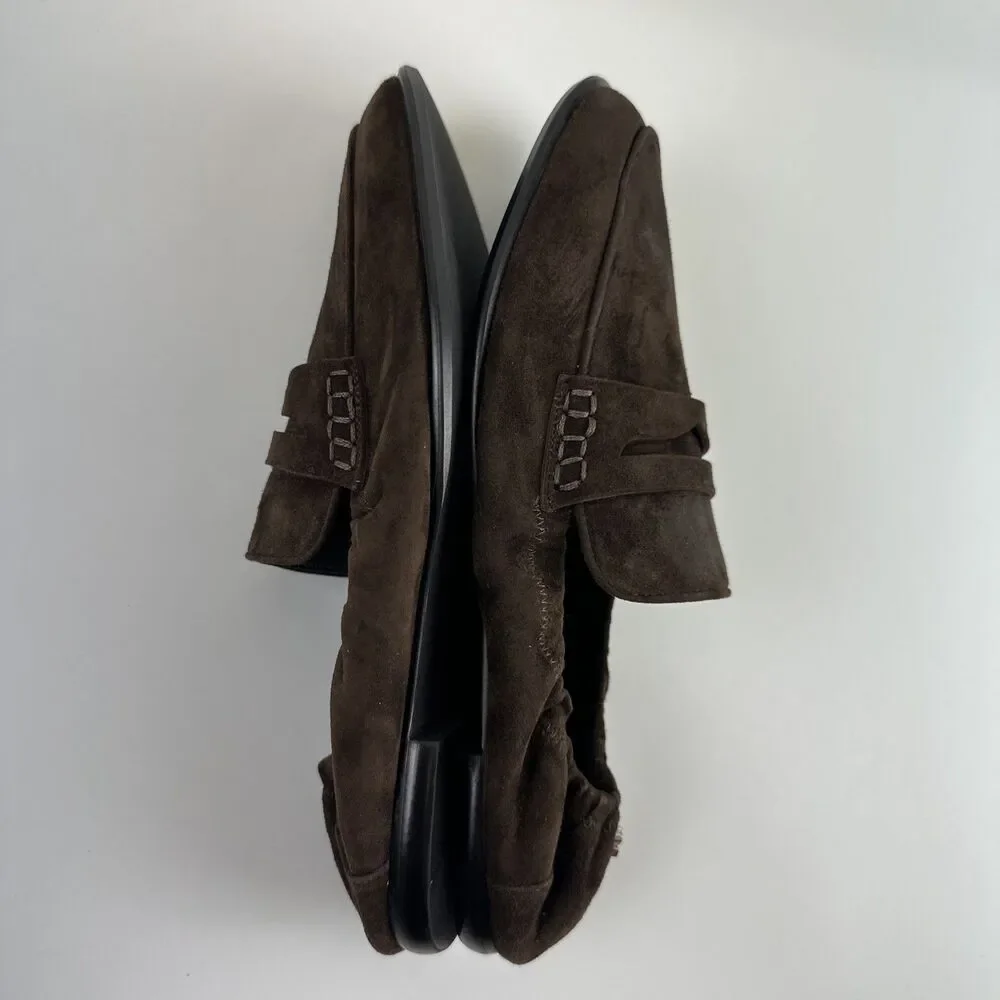 Simkhai Danna Suede Loafer Brown Ruched Heel Penny Flat Slip On Classic 38 7.5‎